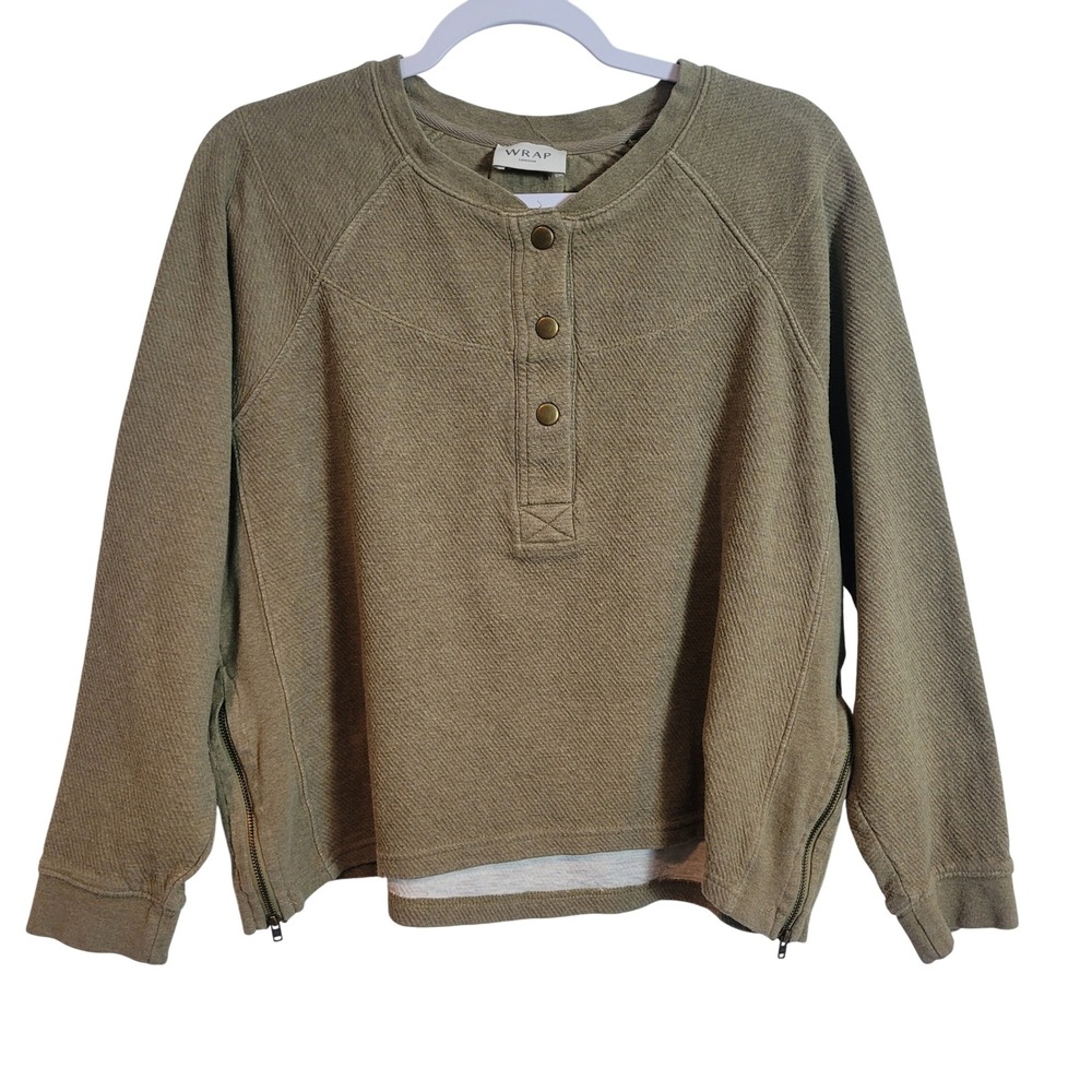 Wrap‎ London Womens Olive Green Boxy Textured Henley Sweatshirt Side Zip Size 8